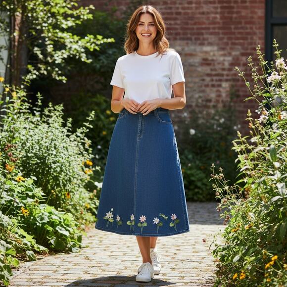 Quaker Factory Denim Maxi Skirt Embroidered Lotus Flowers Size Large - Picture 1 of 7